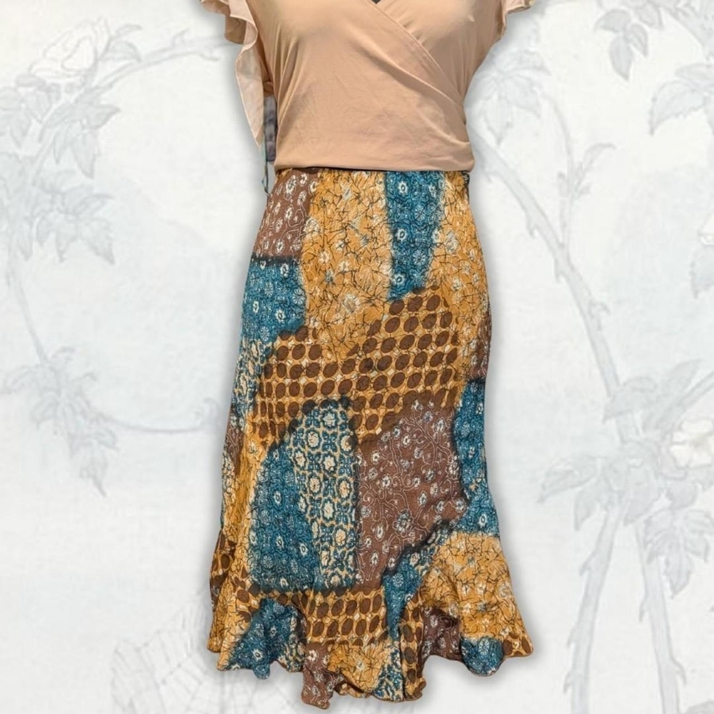 Yessica Euro Boho Patchwork Ruffle Hem Midi Skirt